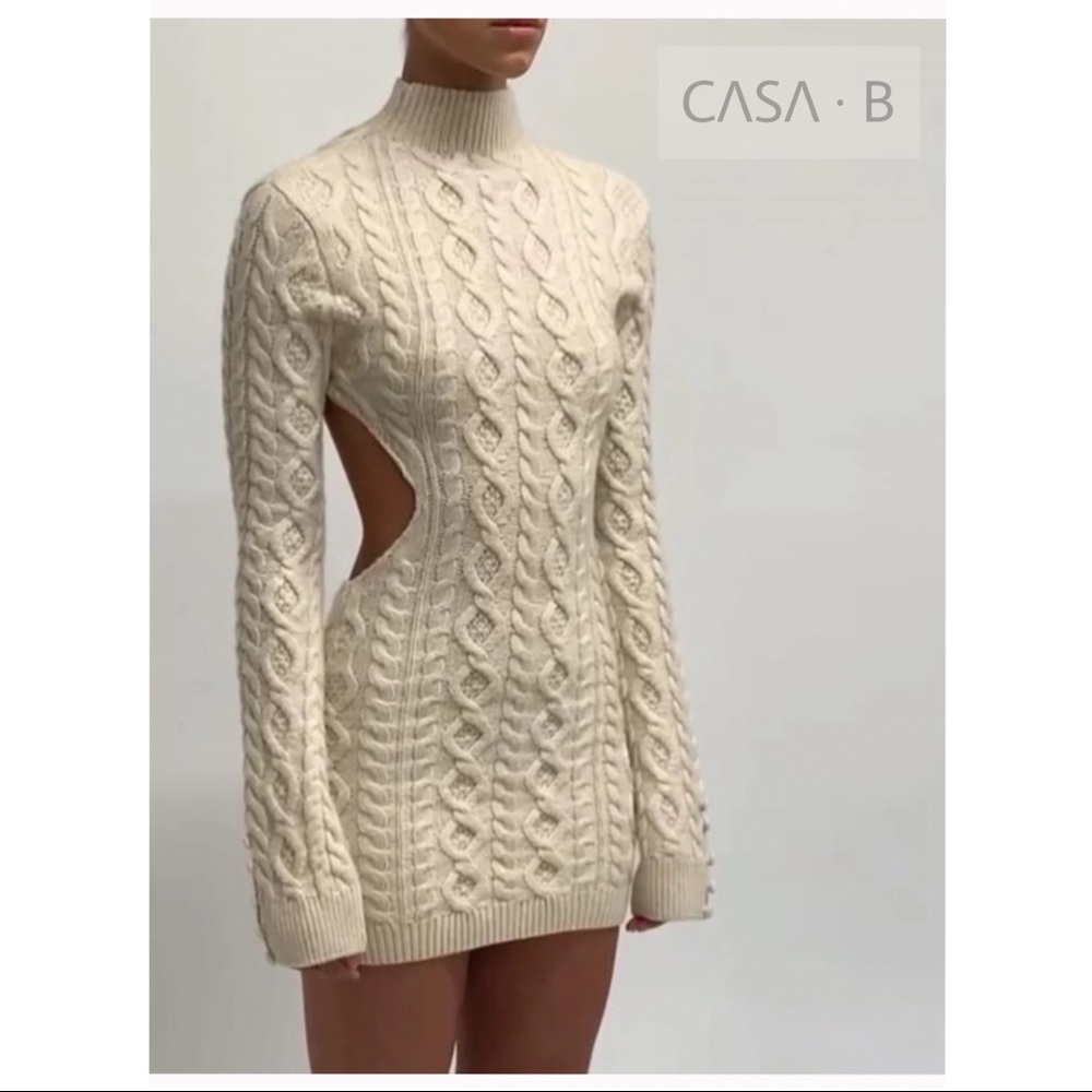 Cream Cable-Knit Cutout Sweater Dress